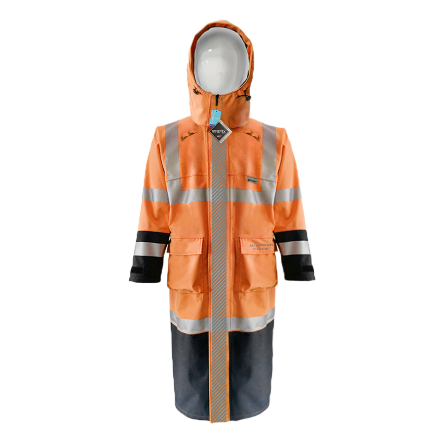 EXTREME GORE-TEX PYRAD® CAT 3 FR/ARC Rated Breathable High Visibility Rainwear Trench Coat Orange/Black